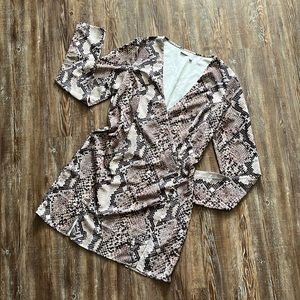 ASOS Design Animal Print Lightweight Long Sleeve Neutral V Neck Mini Dress